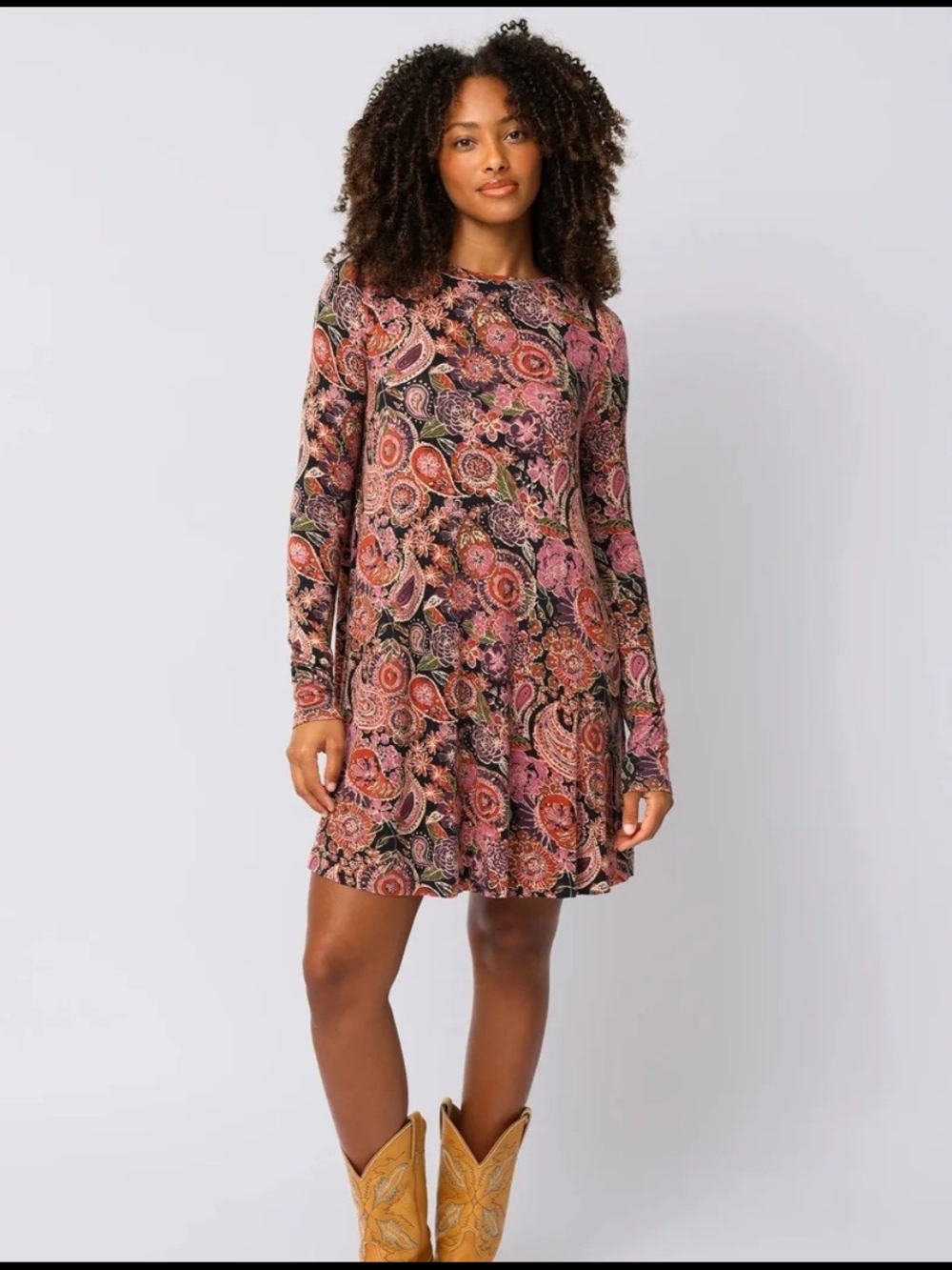Long Sleeve Paisley Buttersoft Swing Dress in Pink and Black